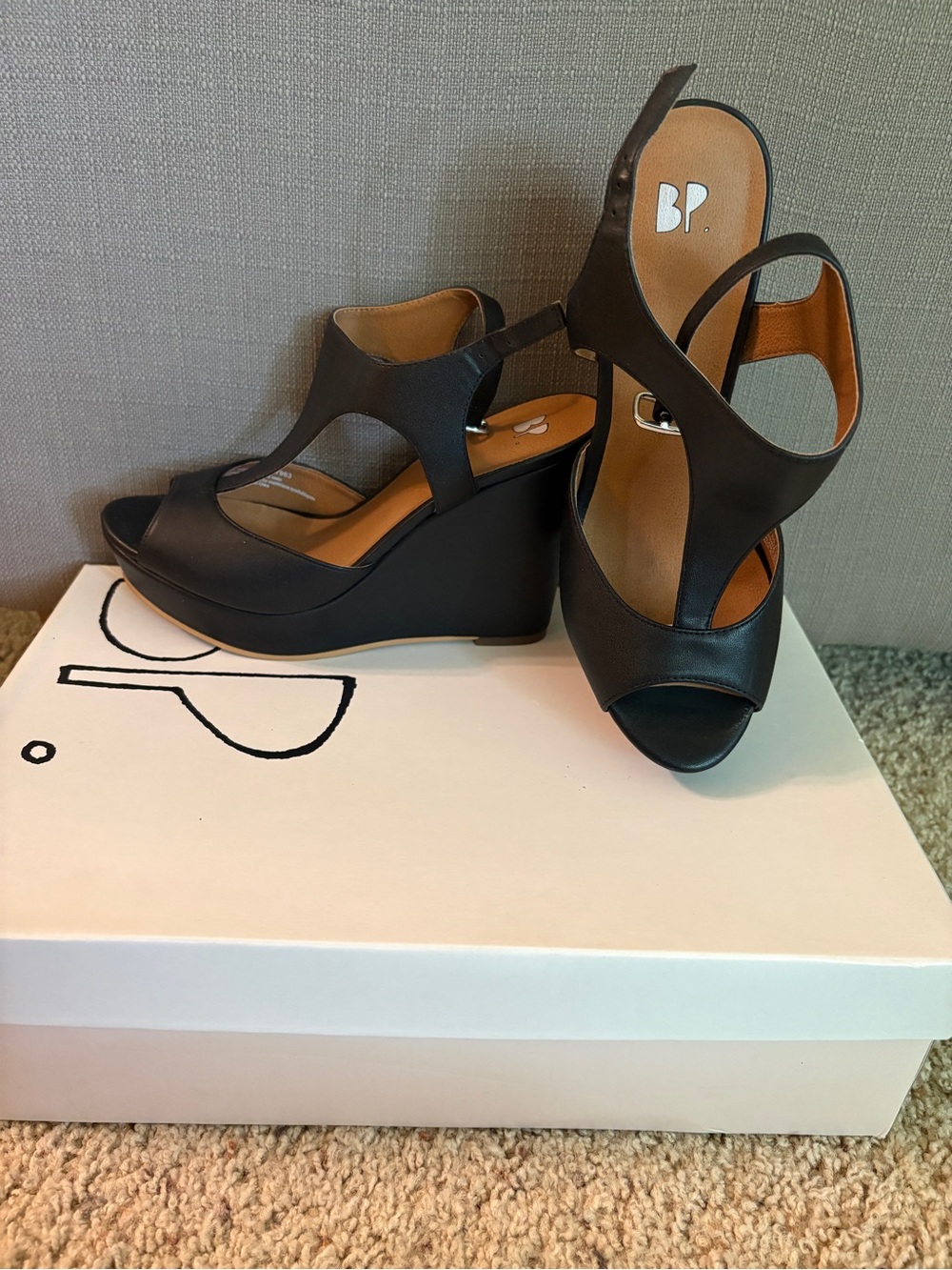 bp Black Open-Toe T-Strap Wedge Sandals